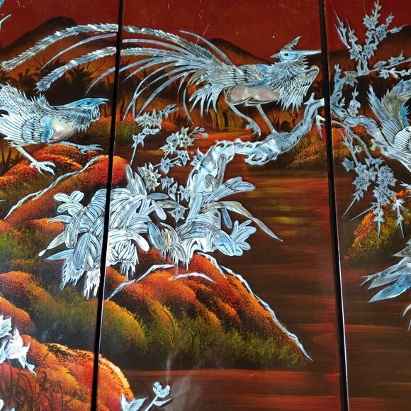 Chinese lacquered panels rooster pheasant bamboo mother of pearl inlay - Picture 7 of 11